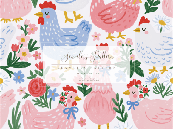 Download Whimsical Chickens Seamless Pattern PNG with Flowers - Whimsical Collection